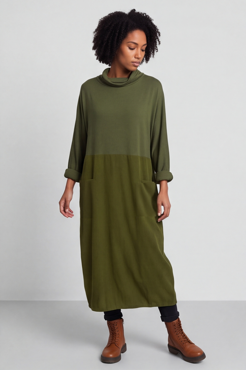 Libby Cowl Neck Cotton Dress Olive - Image 1