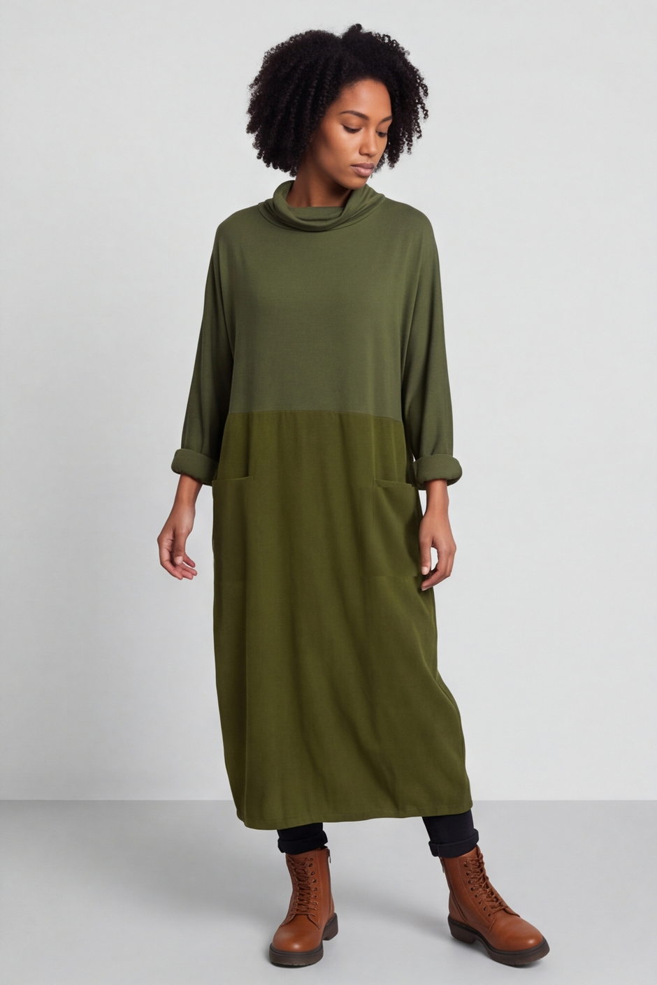 Libby Cowl Neck Cotton Dress Olive