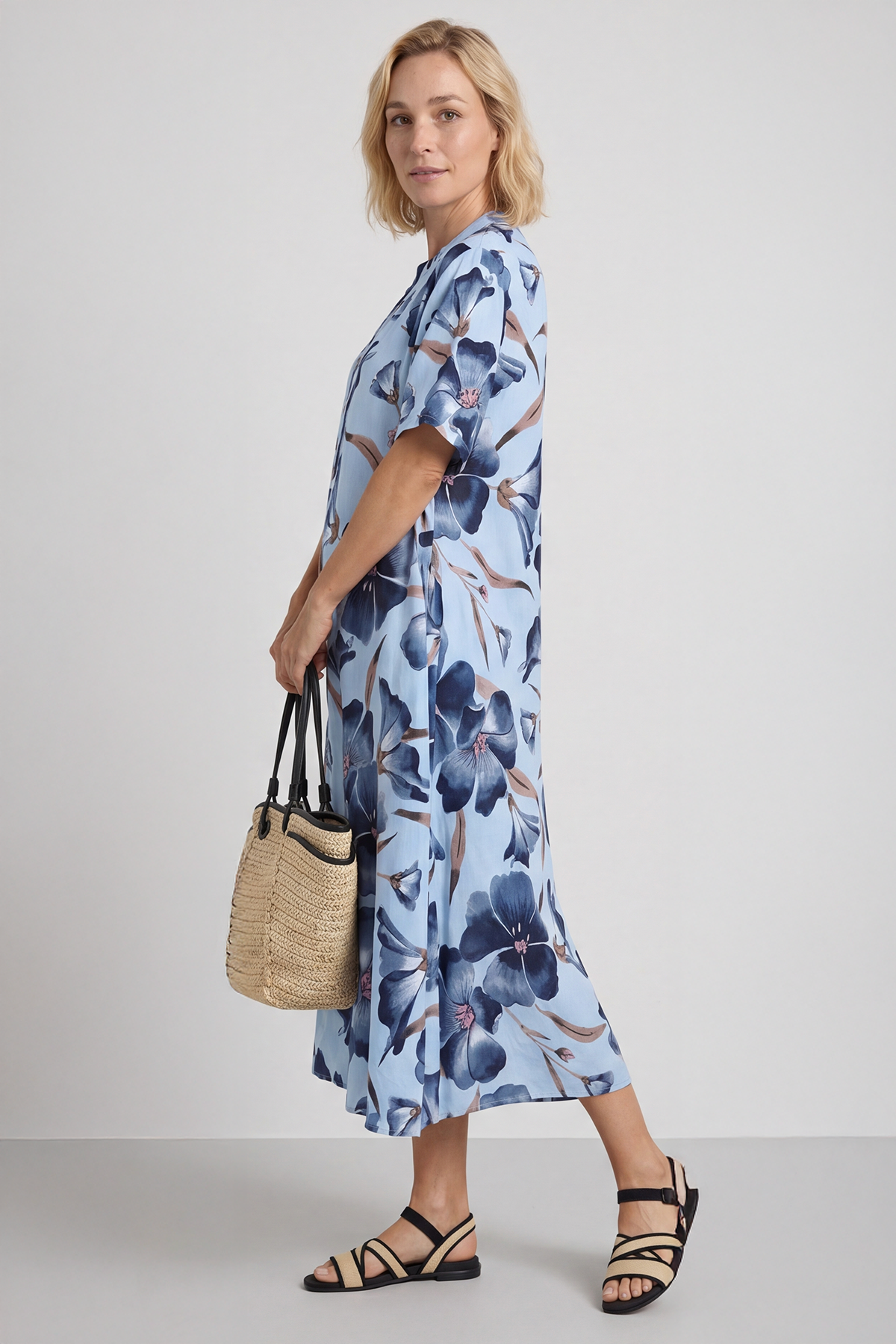 Hemsby Button Floral Dress Light Blue