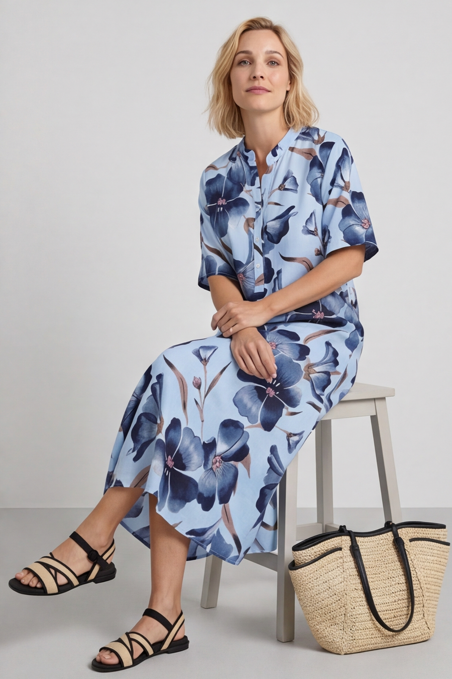Hemsby Button Floral Dress Light Blue