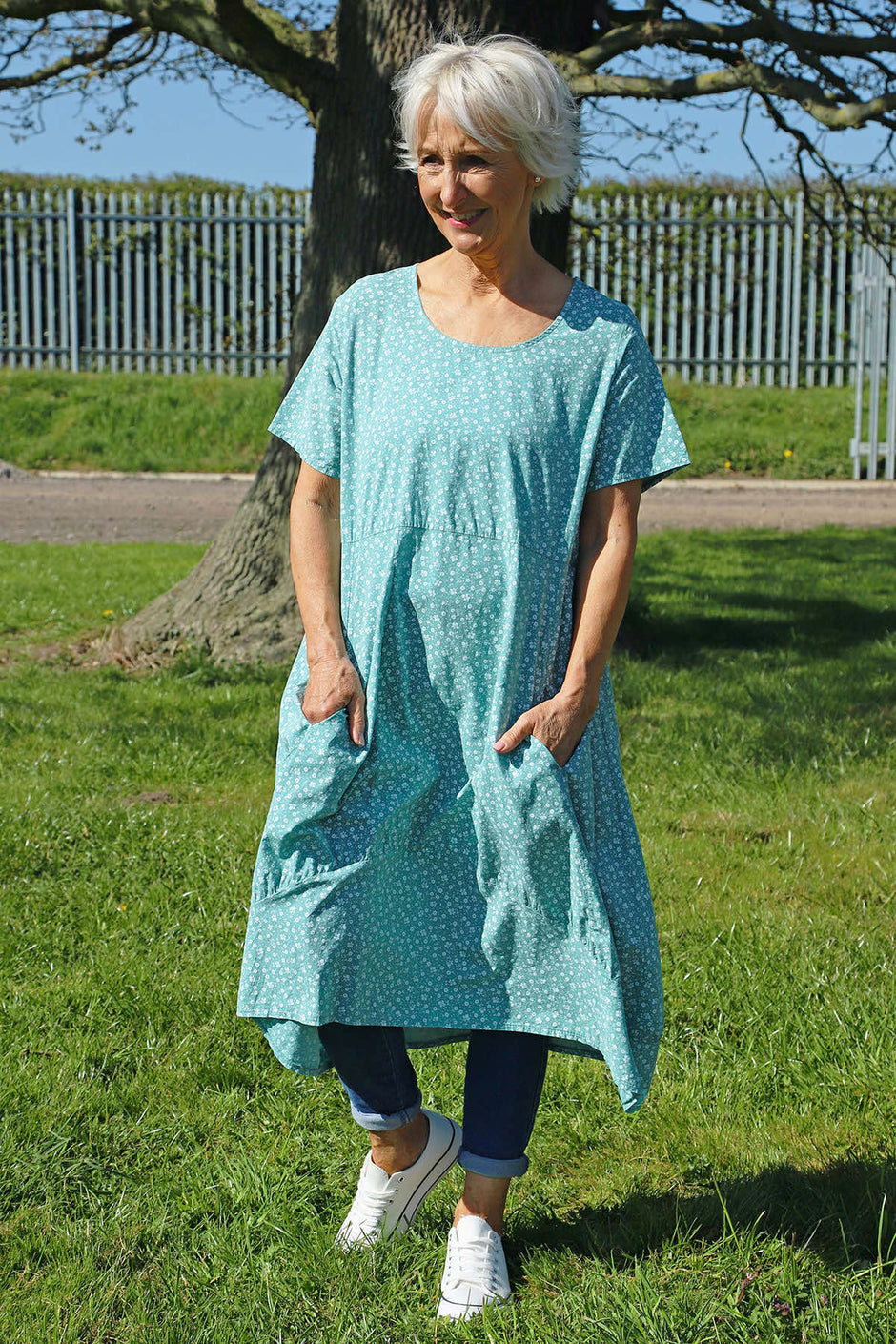 Rosalind Ditsy Cotton Dress Jade Green