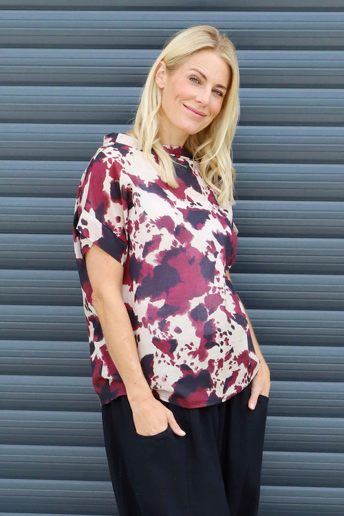 Nancy Print Cowl Neck Top Burgundy