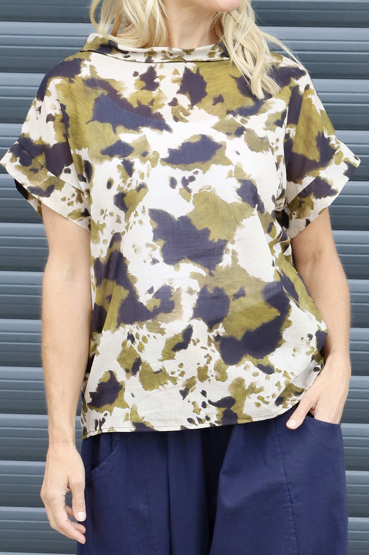 Nancy Print Cowl Neck Top Olive