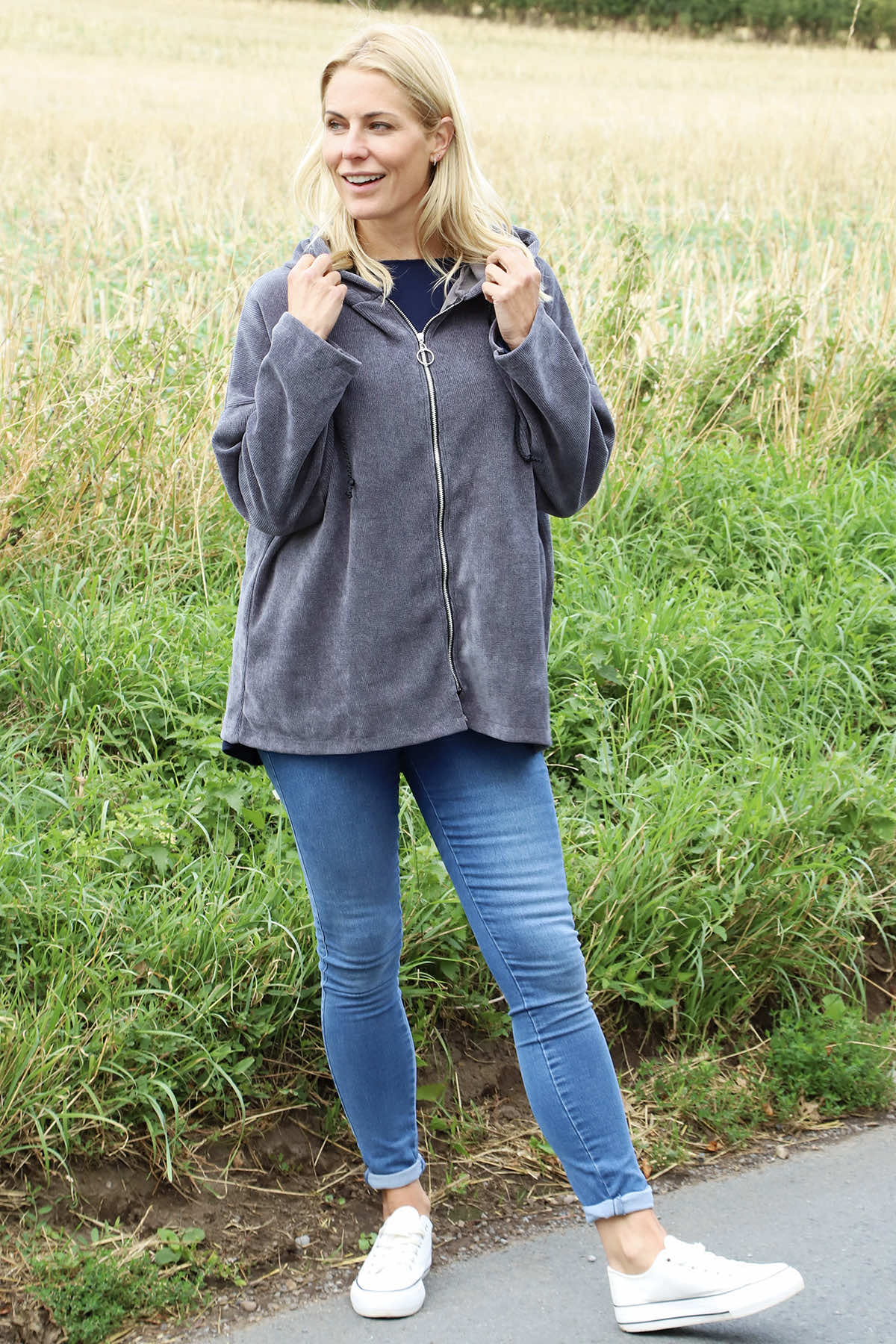 Verys Cord Zip Hooded Jacket Charcoal
