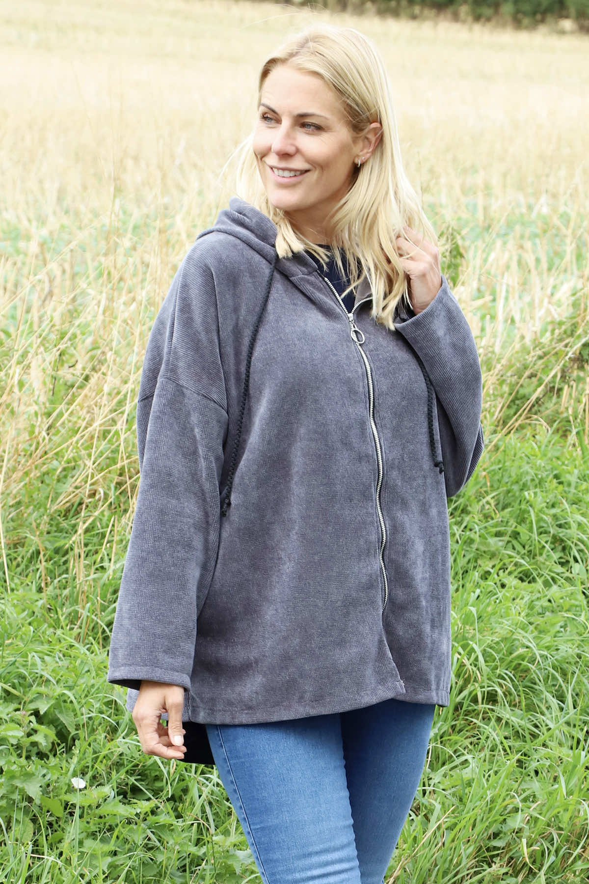 Verys Cord Zip Hooded Jacket Charcoal