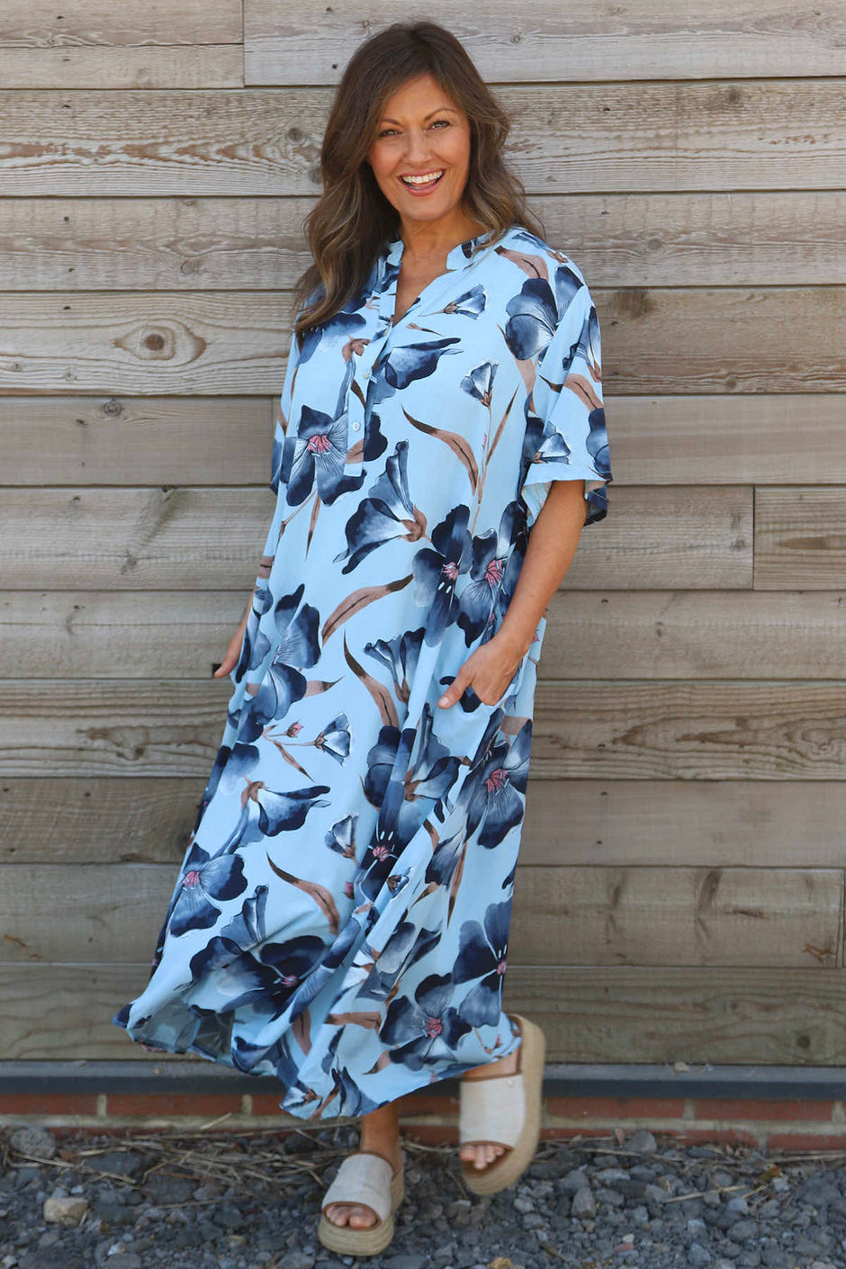 Hemsby Button Floral Dress Light Blue