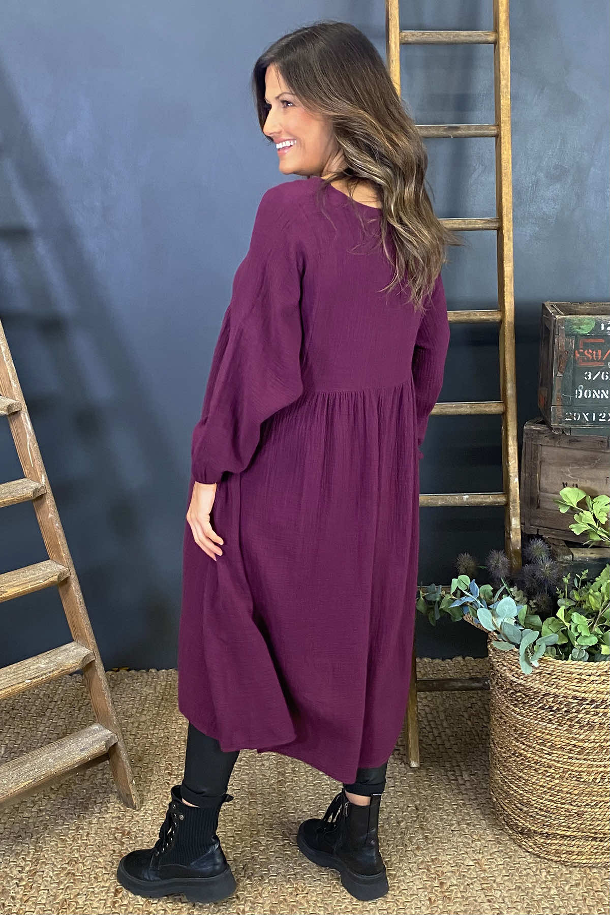 Indie V-Neck Cotton Dress Burgundy