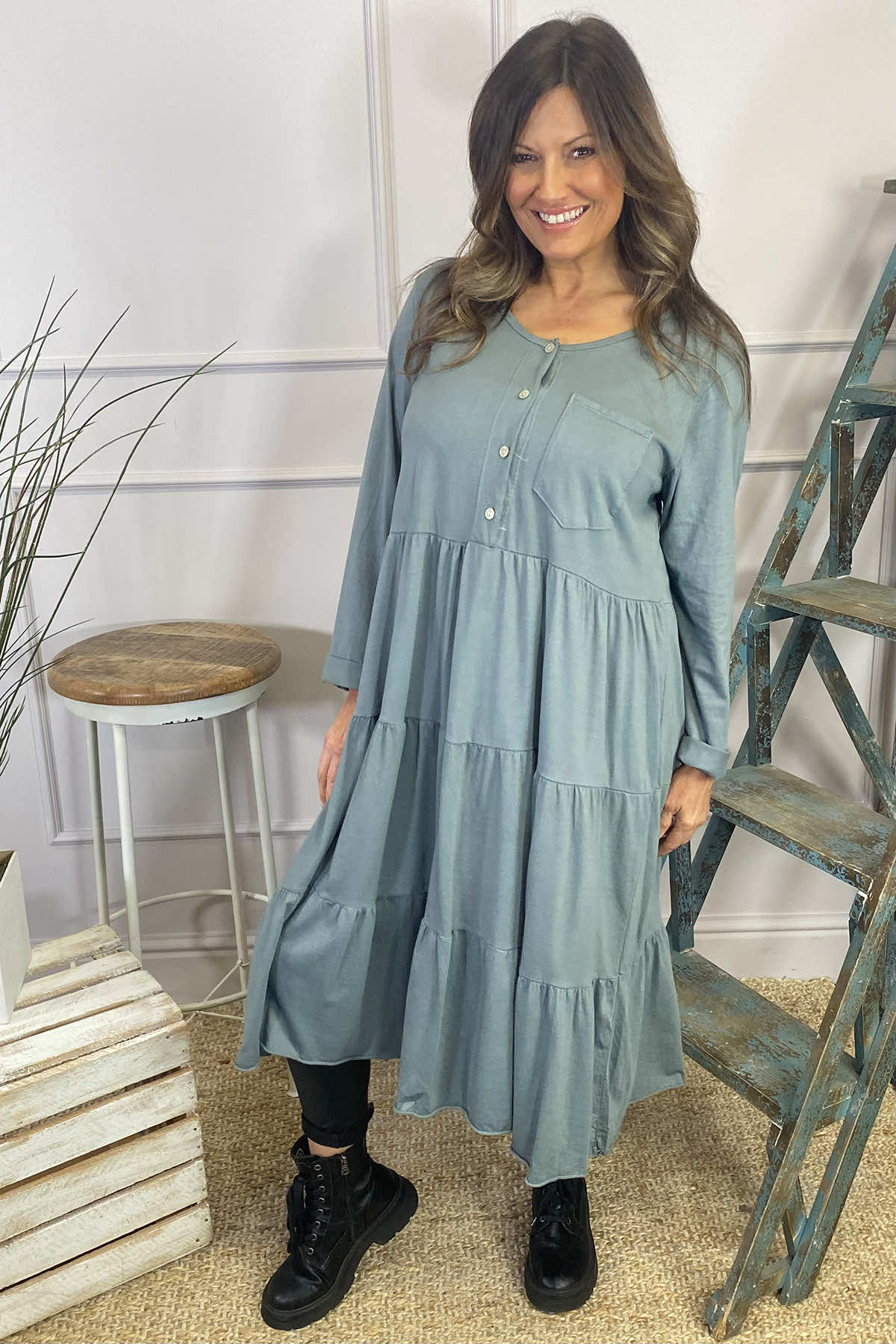 Piper Tiered Cotton Tunic Mid Grey