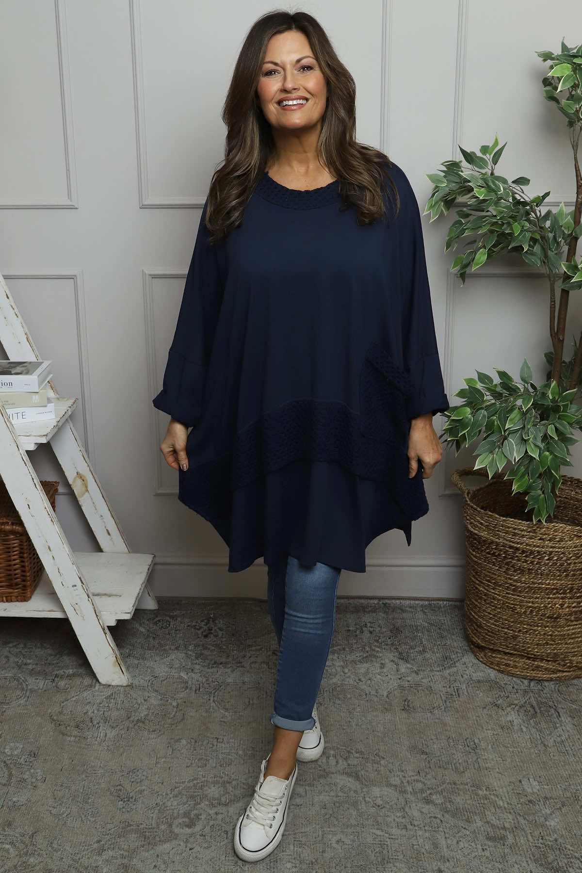 Mozelle Crochet Detail Cotton Top Navy