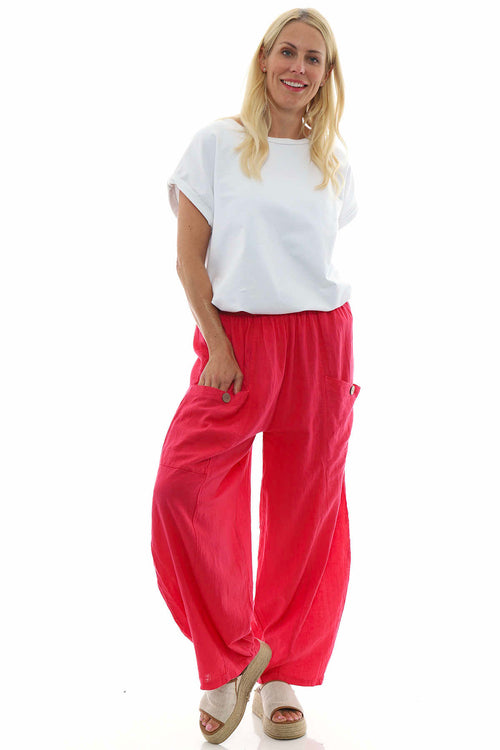 Clarisse Button Pocket Linen Trousers Hot Pink