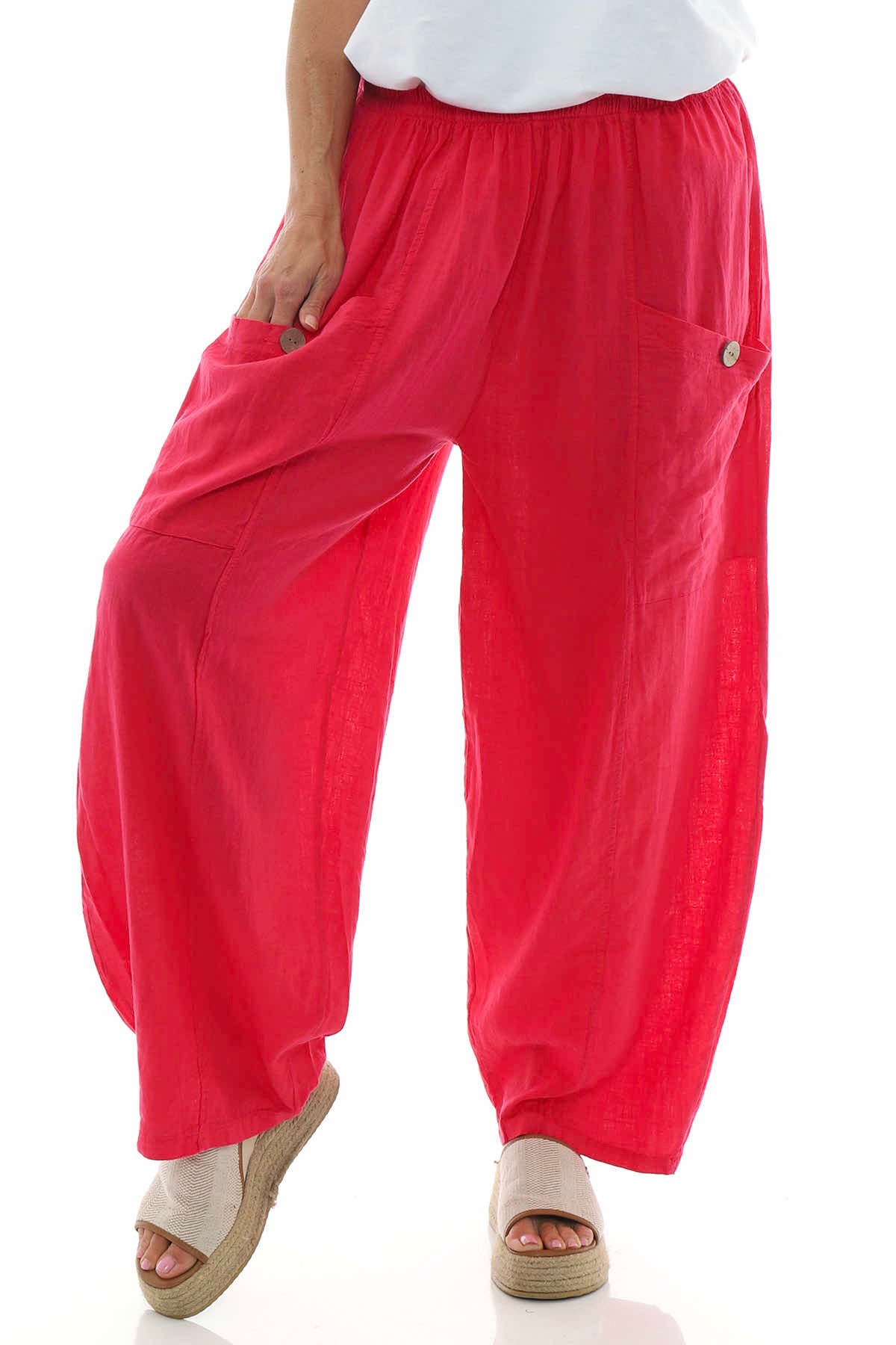 Clarisse Button Pocket Linen Trousers Hot Pink