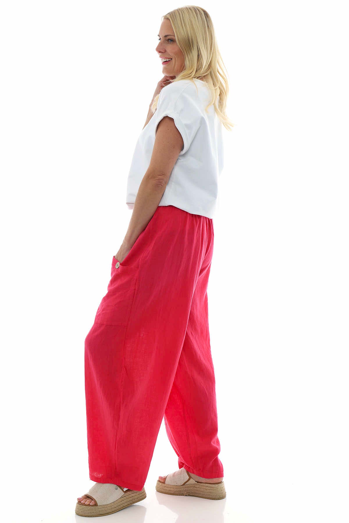 Clarisse Button Pocket Linen Trousers Hot Pink