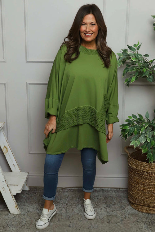 Mozelle Crochet Detail Cotton Top Olive - Image 1