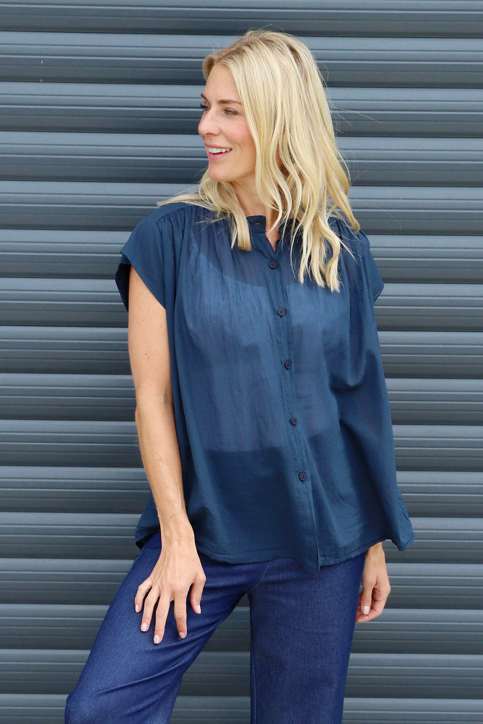 Irena Cotton Blouse Navy