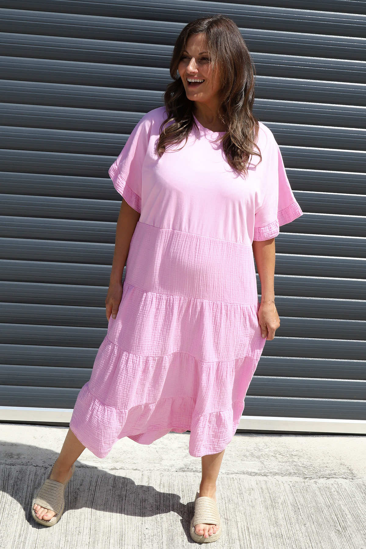 Soleil Tiered Crinkle Cotton Dress Pink