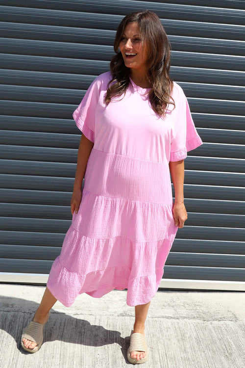 Soleil Tiered Crinkle Cotton Dress Pink - Image 2