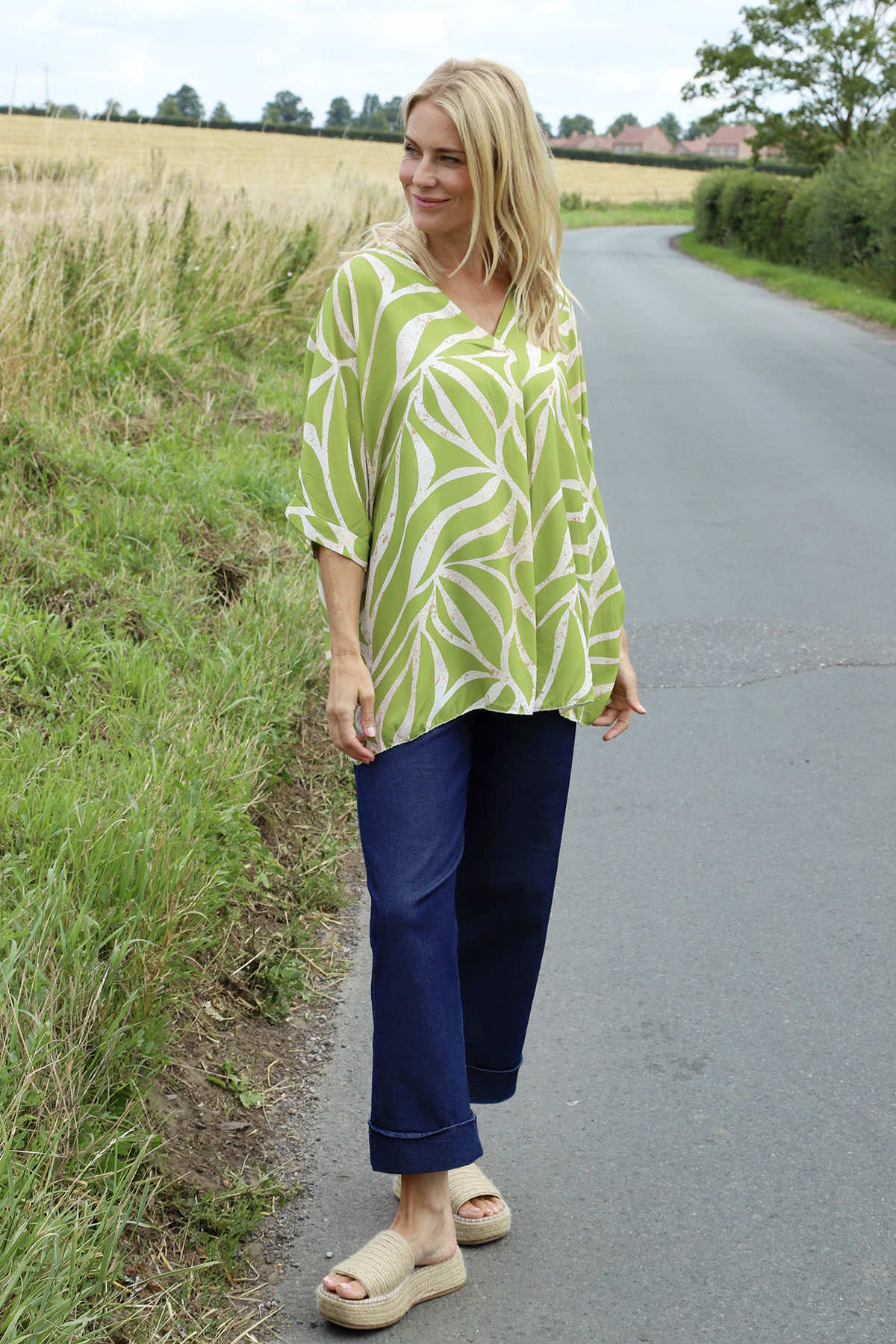 Morgan Print V-Neck Top Green