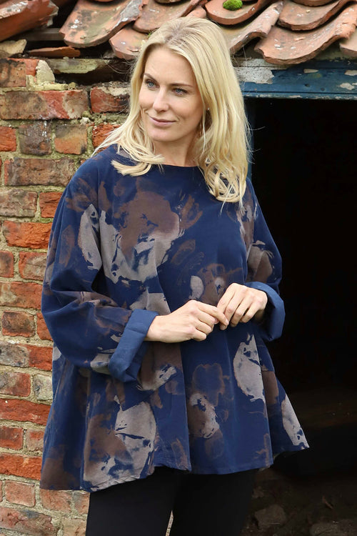 Rachel Print Needlecord Top Navy - Image 2