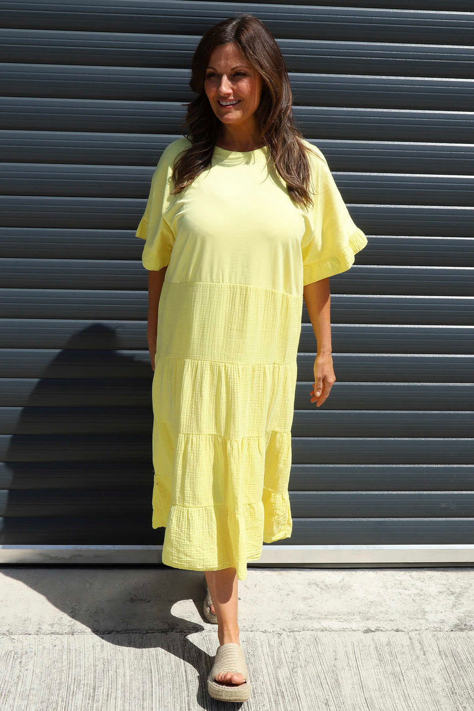 Soleil Tiered Crinkle Cotton Dress Yellow