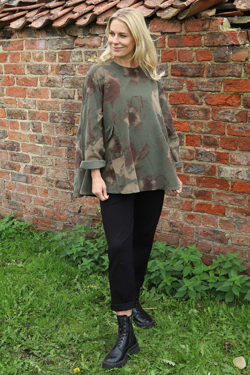 Rachel Print Needlecord Top Khaki - Image 1