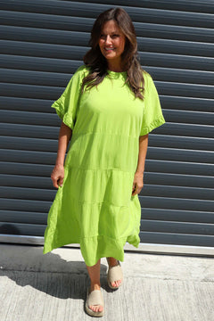 Soleil Tiered Crinkle Cotton Dress Lime