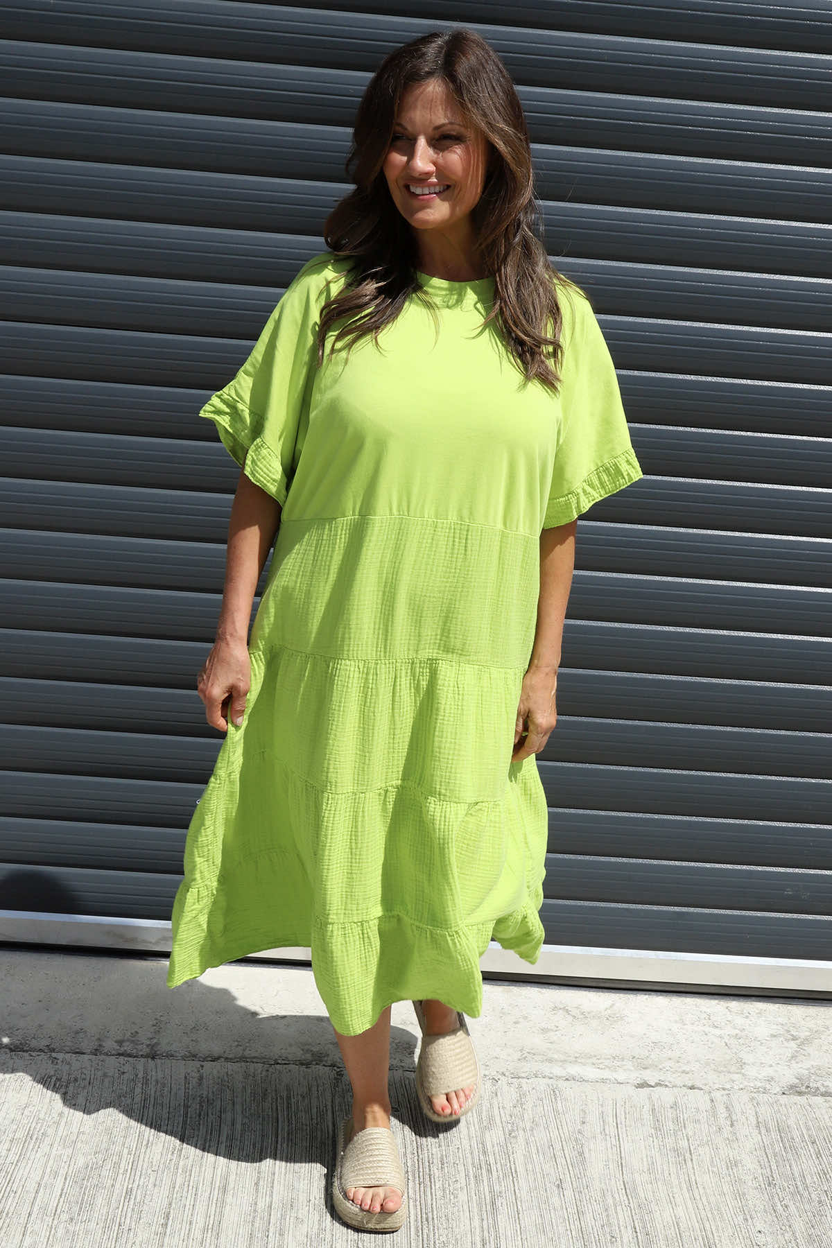 Soleil Tiered Crinkle Cotton Dress Lime
