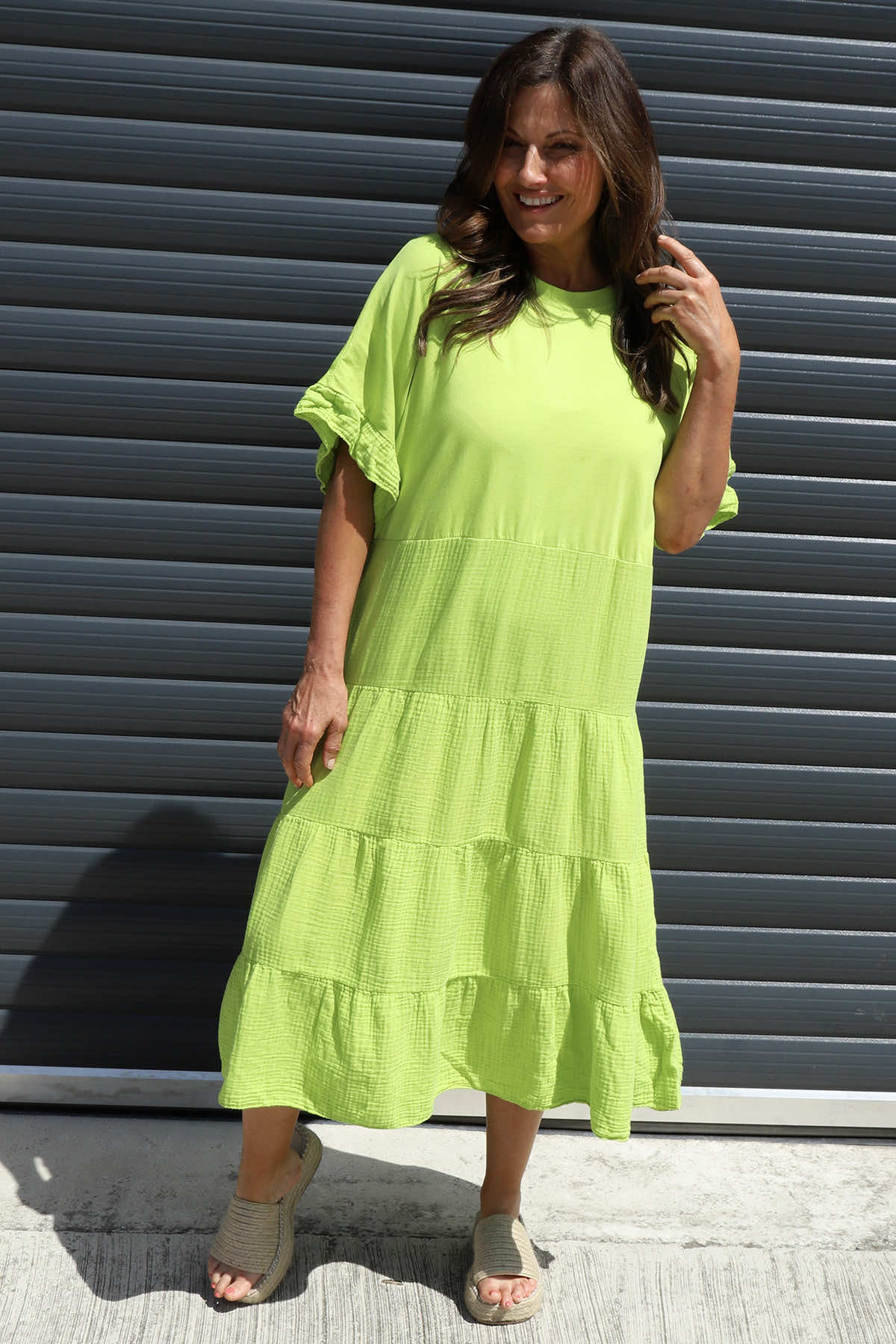 Soleil Tiered Crinkle Cotton Dress Lime