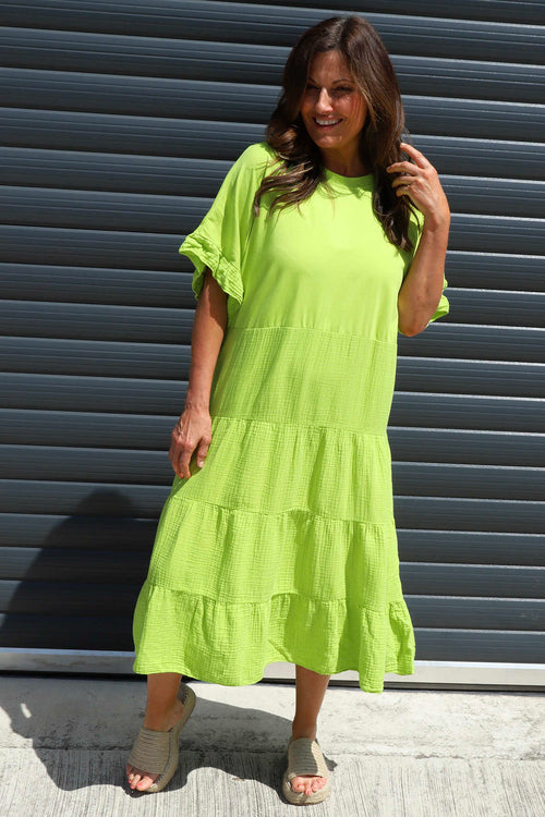 Soleil Tiered Crinkle Cotton Dress Lime - Image 2