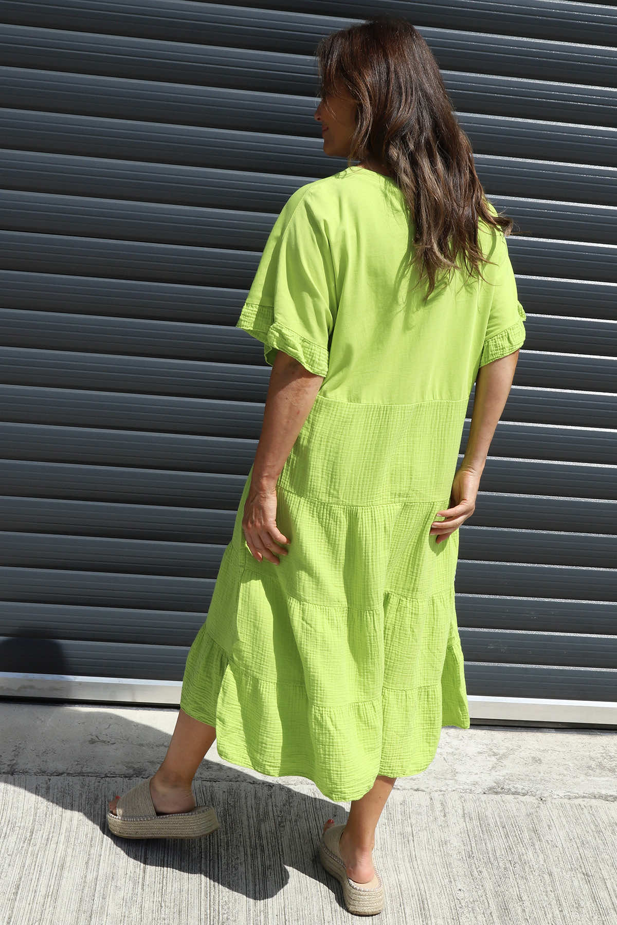 Soleil Tiered Crinkle Cotton Dress Lime