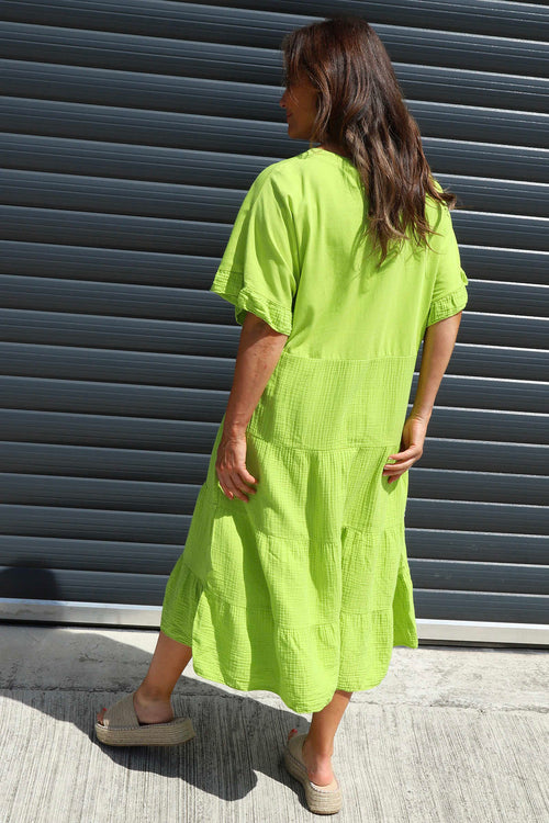 Soleil Tiered Crinkle Cotton Dress Lime - Image 4
