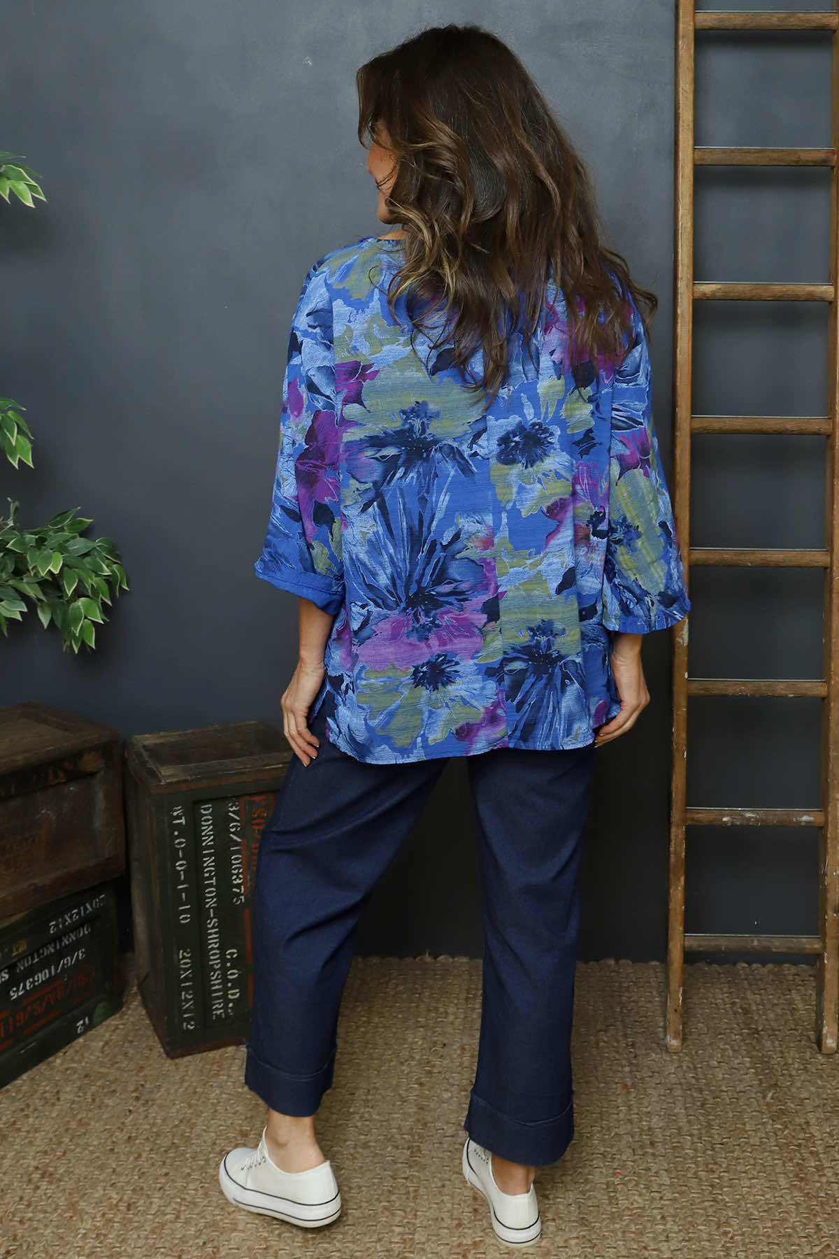 Vicki Floral Print Cotton Top Cobalt