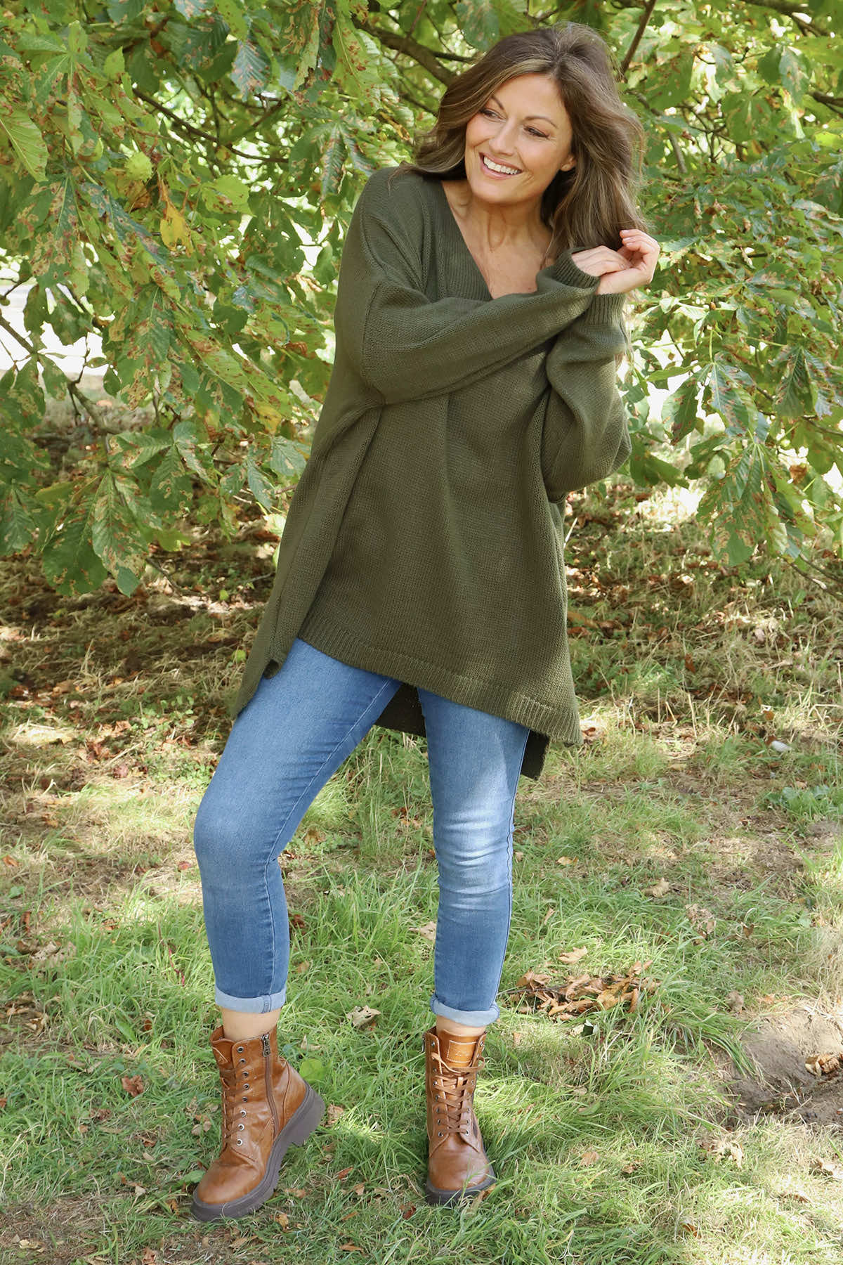 Josephine V-Neck Knitted Jumper Khaki