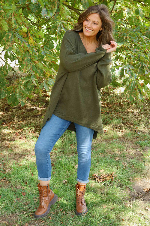 Josephine V-Neck Knitted Jumper Khaki - Image 3