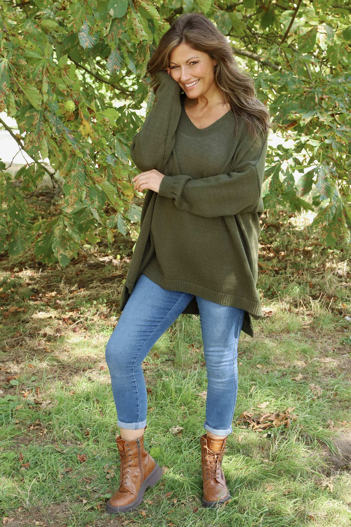 Josephine V-Neck Knitted Jumper Khaki