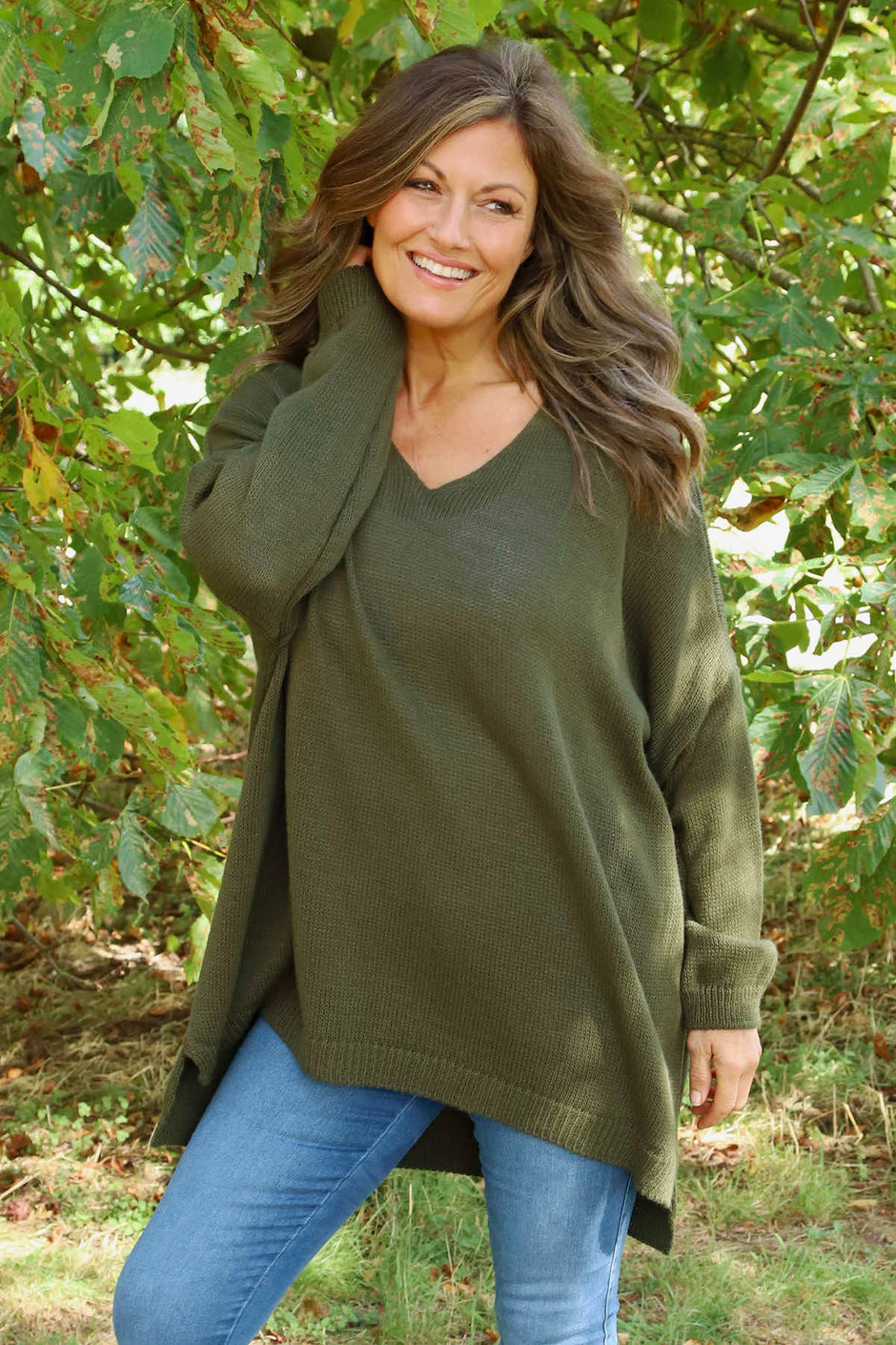 Josephine V-Neck Knitted Jumper Khaki