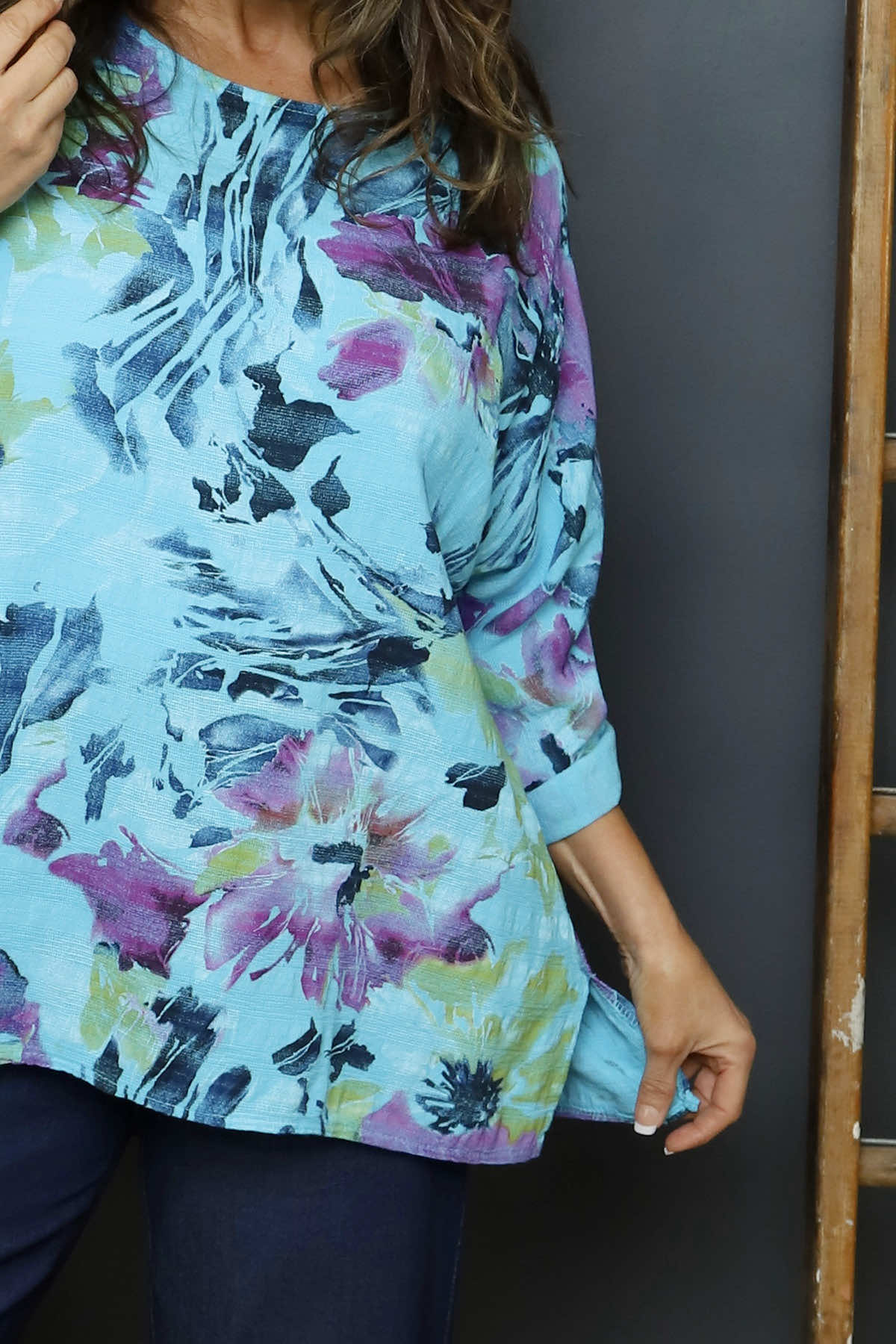 Vicki Floral Print Cotton Top Aqua