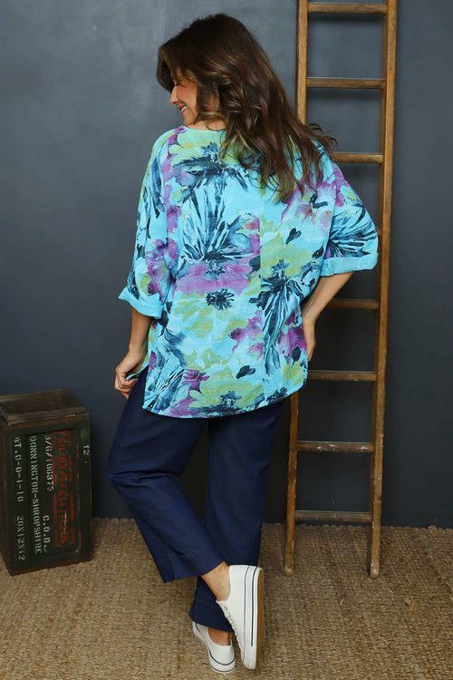 Vicki Floral Print Cotton Top Aqua - Image 4