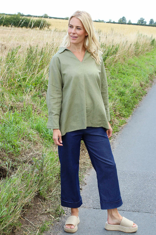 Audrey Collared Linen Top Khaki - Image 2