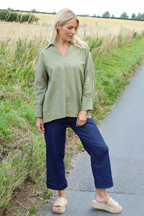 Audrey Collared Linen Top Khaki - Image 3