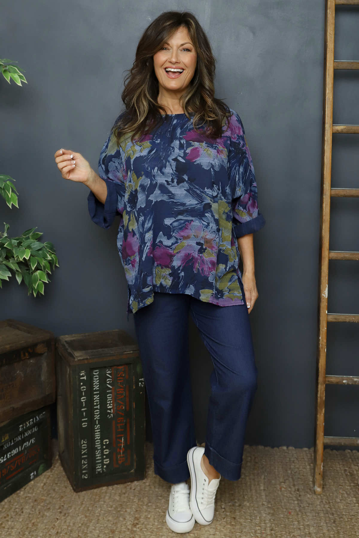 Vicki Floral Print Cotton Top Navy