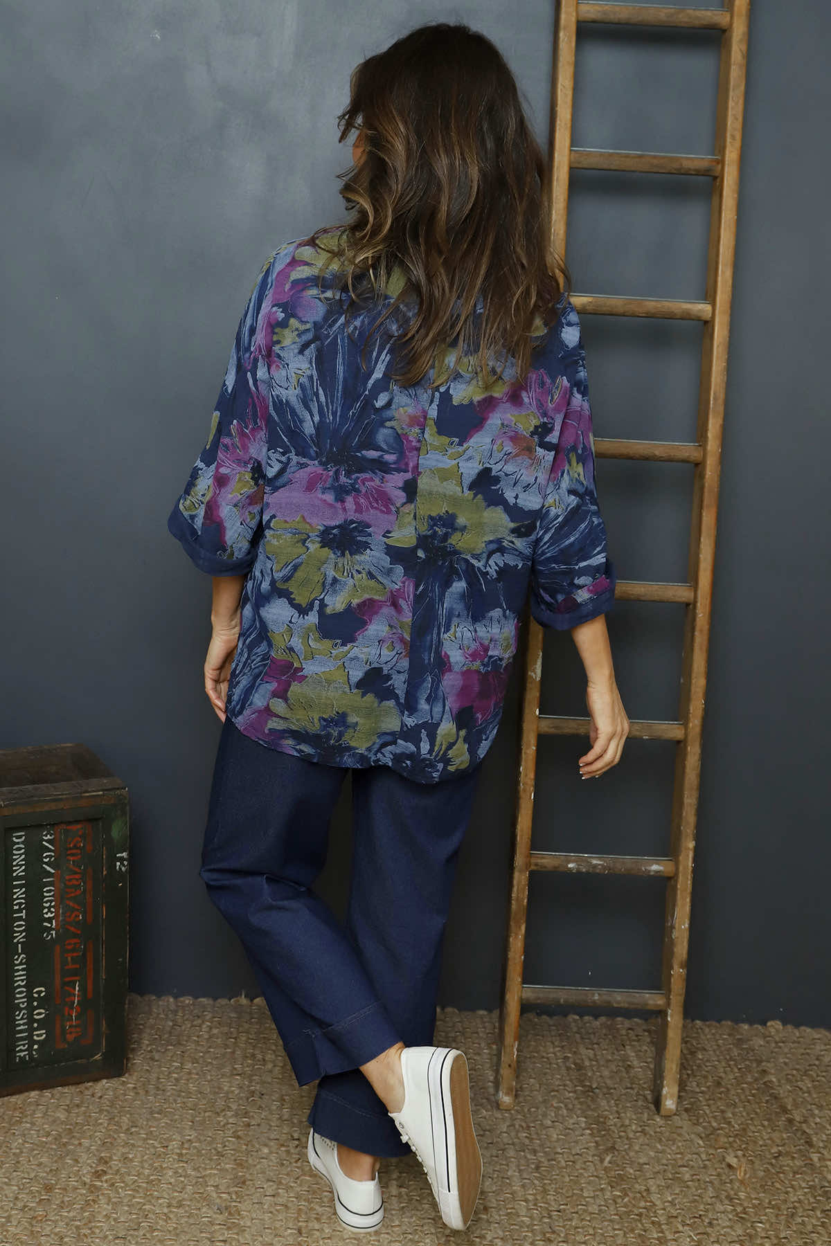 Vicki Floral Print Cotton Top Navy