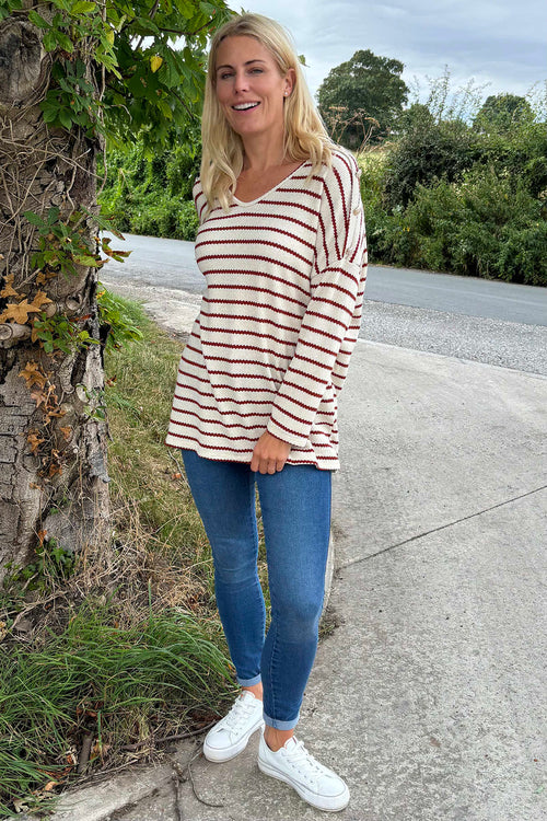 Scarlet Stripe Button Knitted Top Burnt Orange