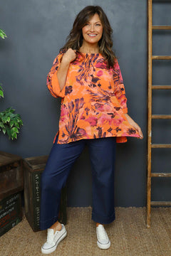 Vicki Floral Print Cotton Top Orange