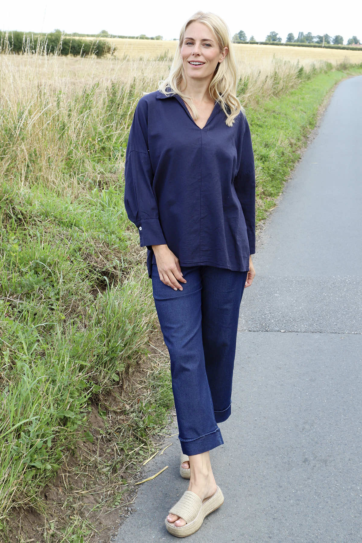 Audrey Collared Linen Top Navy