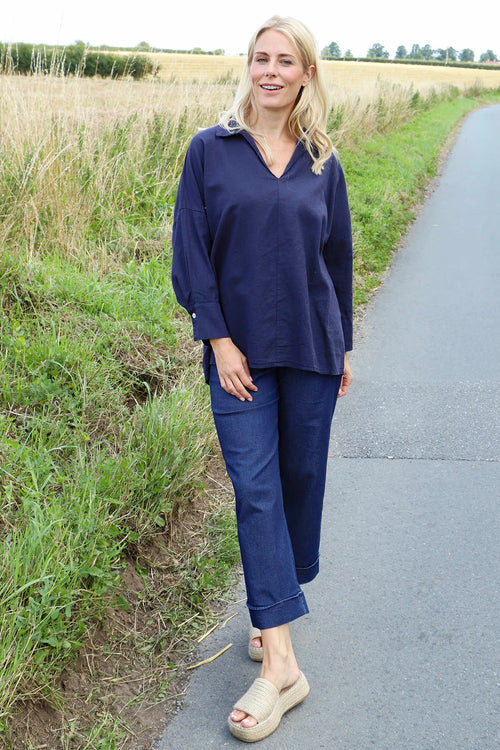 Audrey Collared Linen Top Navy - Image 3
