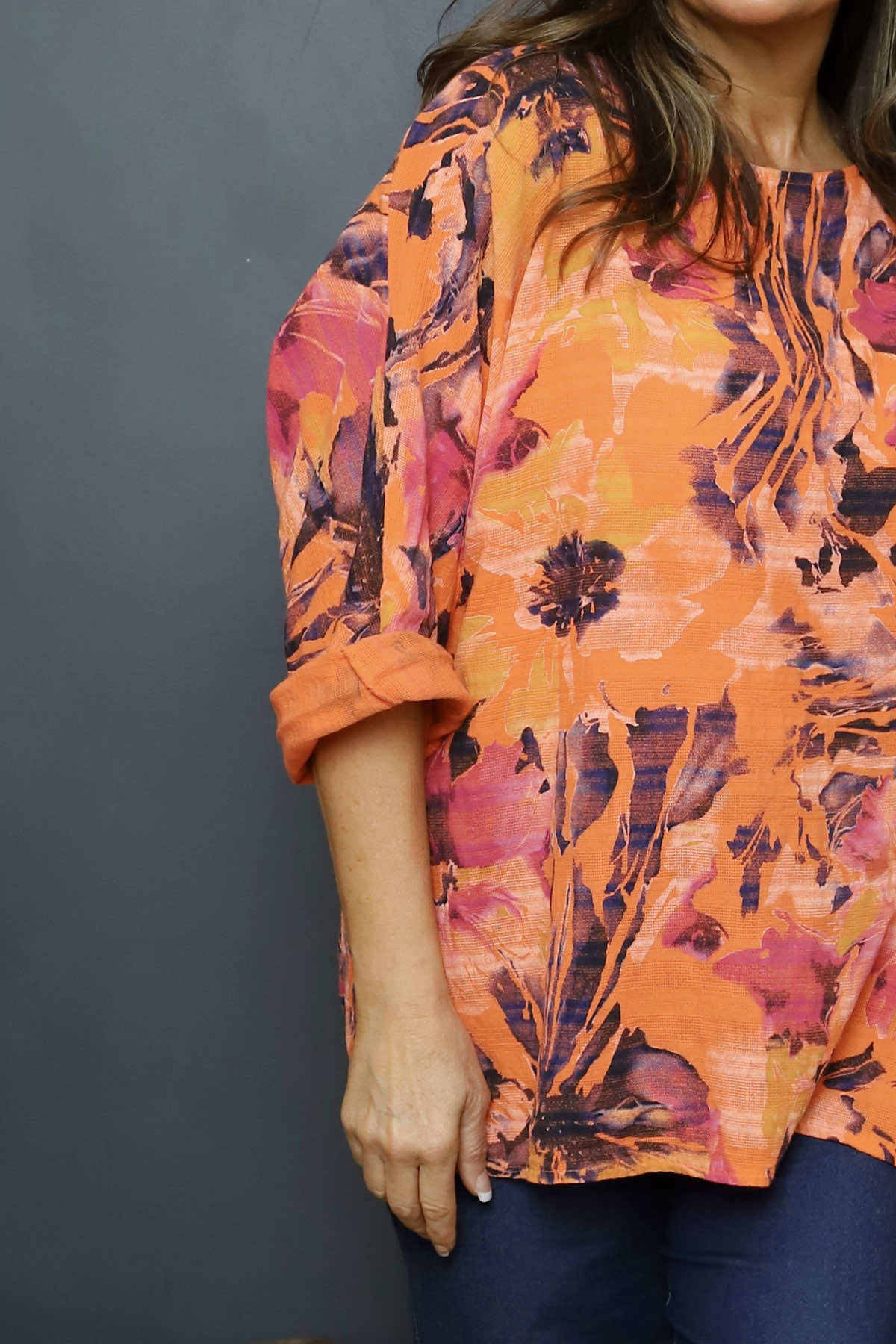 Vicki Floral Print Cotton Top Orange