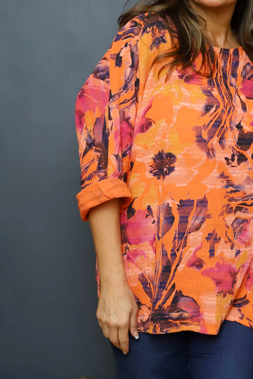Vicki Floral Print Cotton Top Orange - Image 3