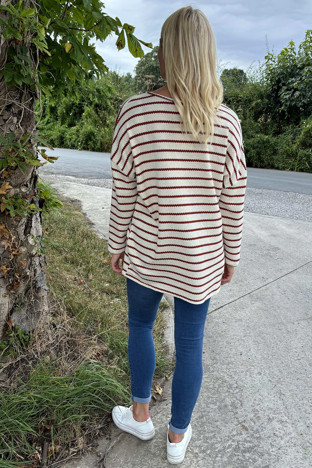 Scarlet Stripe Button Knitted Top Burnt Orange