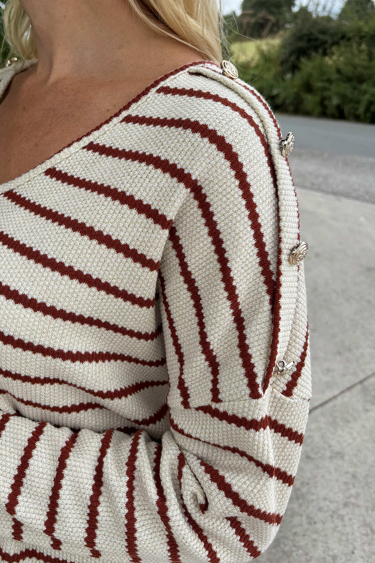 Scarlet Stripe Button Knitted Top Burnt Orange