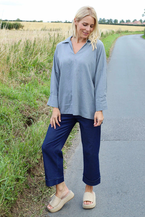 Audrey Collared Linen Top Mid Grey - Image 2